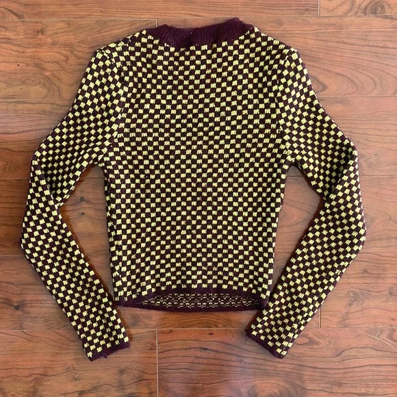 Zara Maroon and Yellow Checkered Pattern Knit Crewneck Cutout Cropped Sweater - Picture 8 of 8